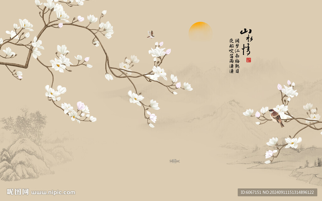 新中式山水工笔花鸟画背景墙