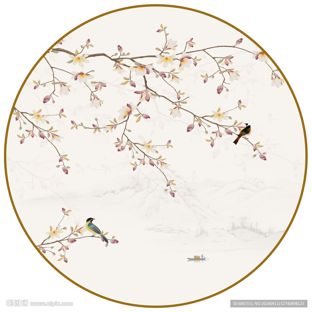 新中式圆形花鸟画