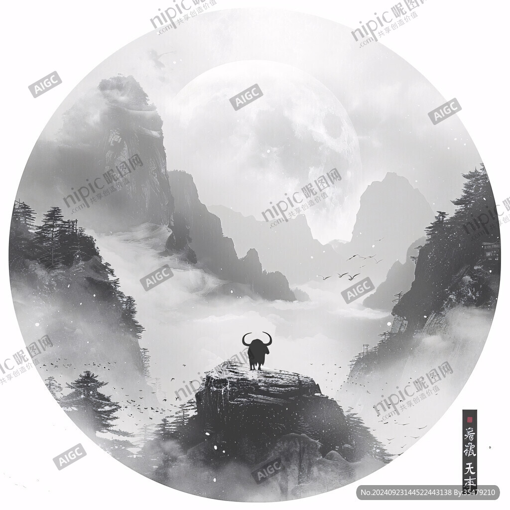 圆形山水墨画山水