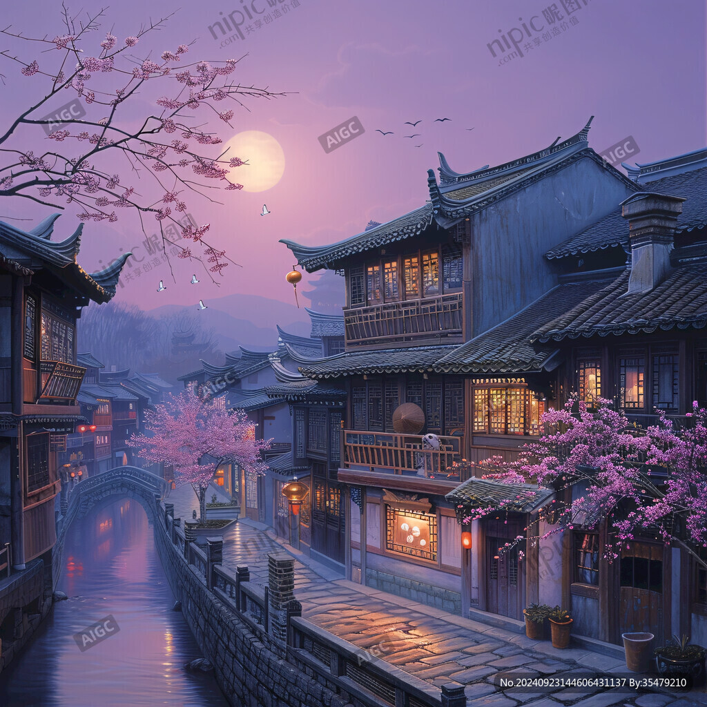 玄幻古镇夜景