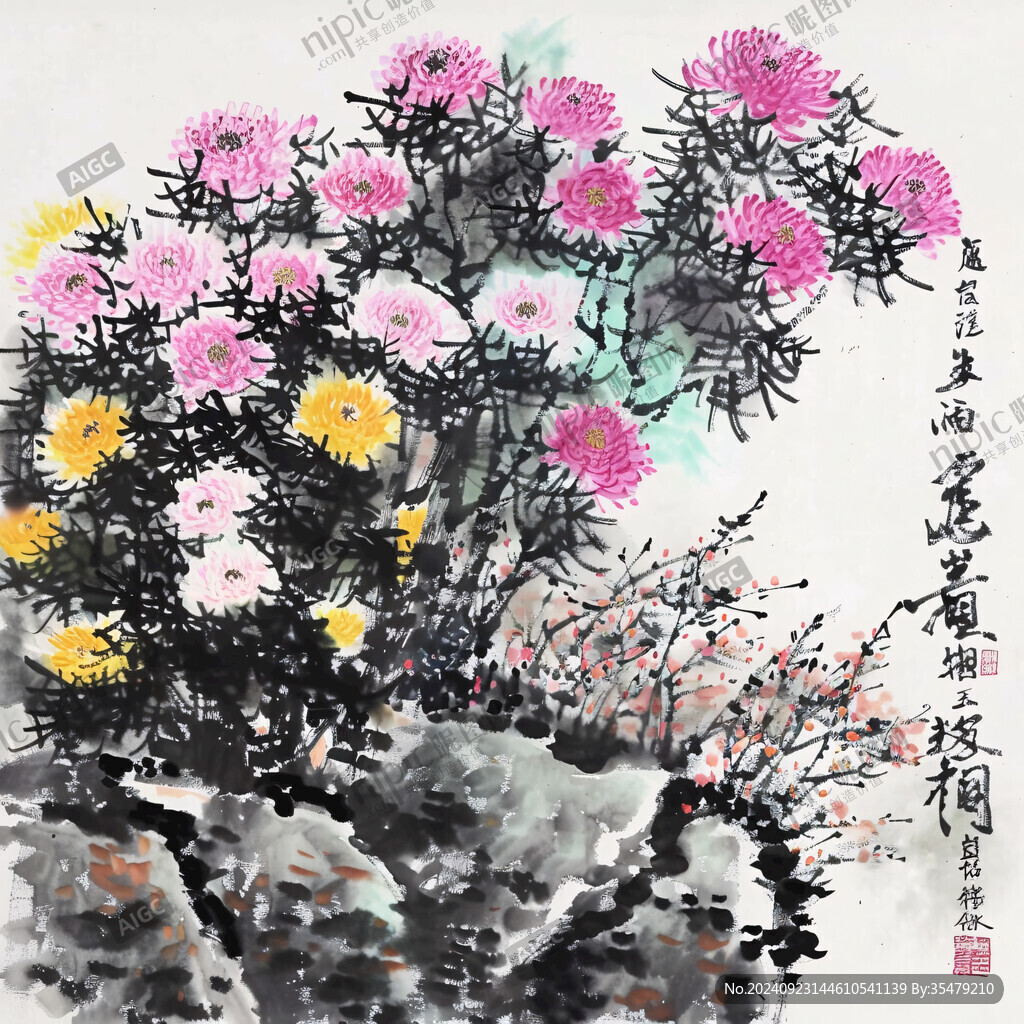 国画菊花雁来红秋艳图