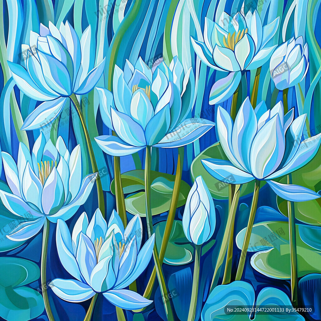 蓝色荷花壁画