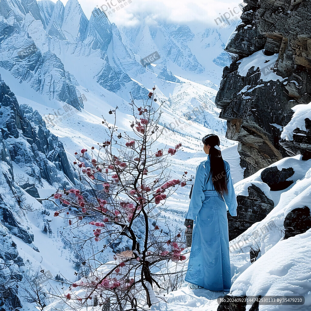 美女遥看雪山