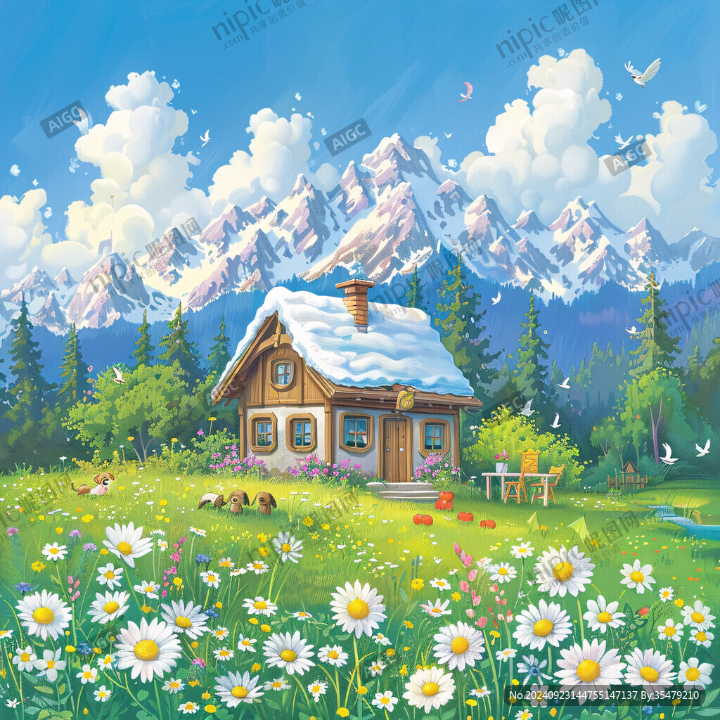 春季森林花丛木屋