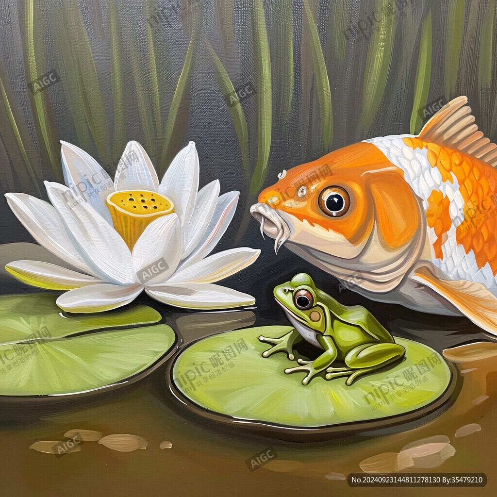 莲花和鱼手绘插画