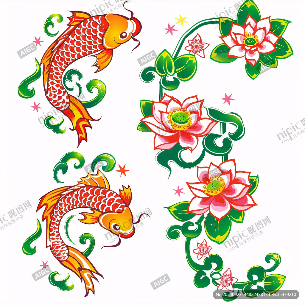 手绘鲤鱼荷花
