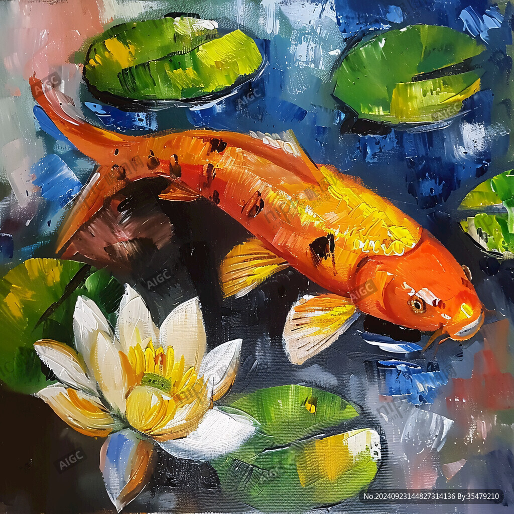 锦鲤戏水油画