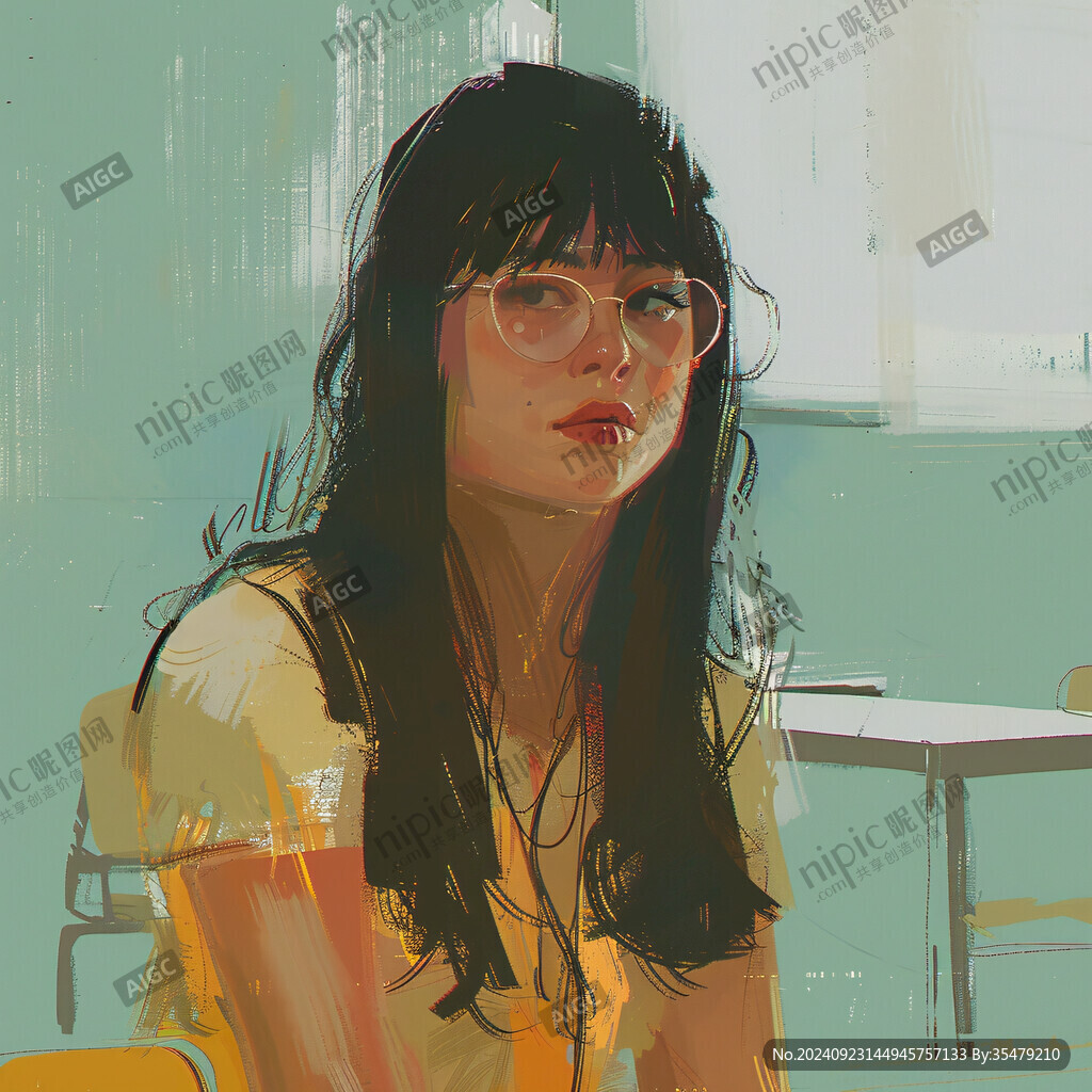 插画人物戴眼镜女孩
