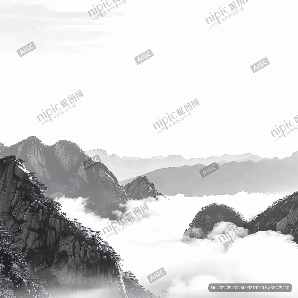 正方形水墨画远山烟雾