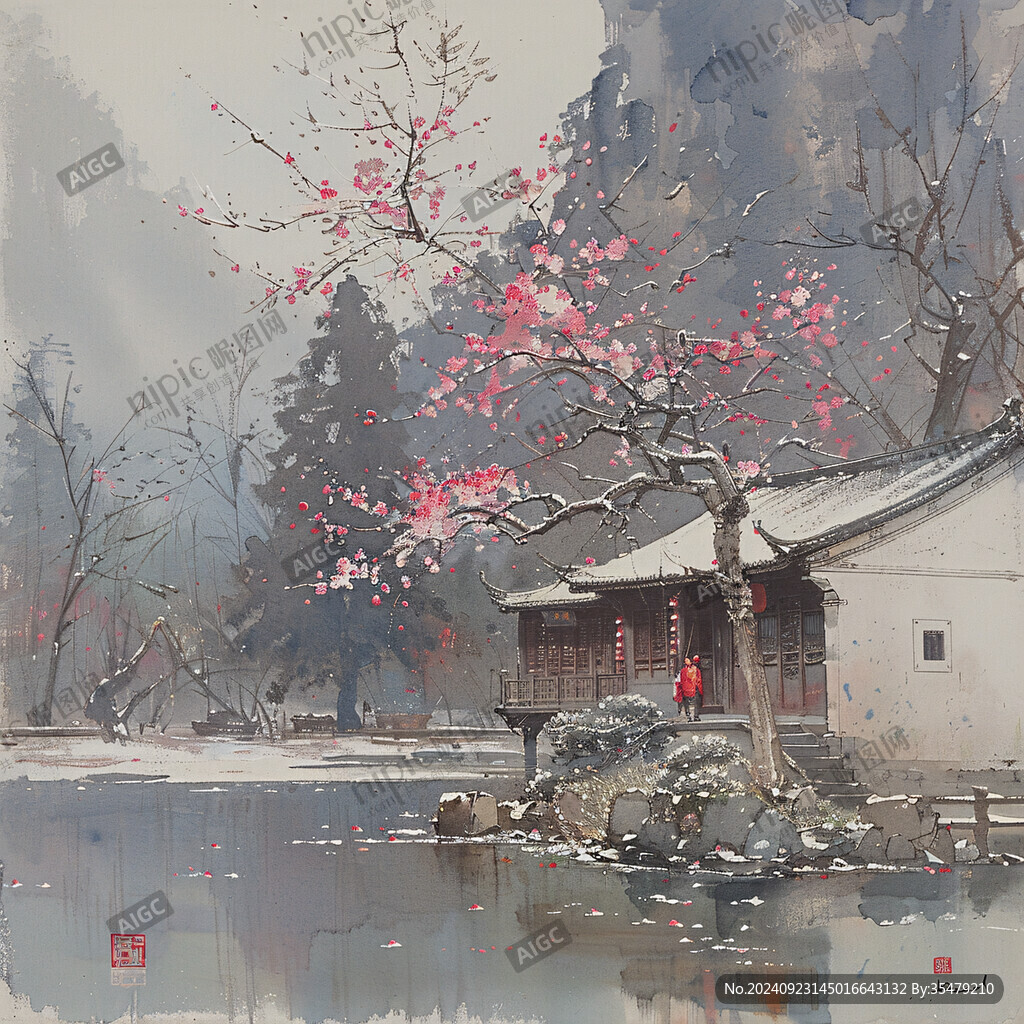 古镇冬季装饰画