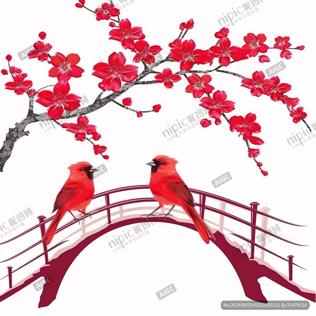 手绘红梅花鸟