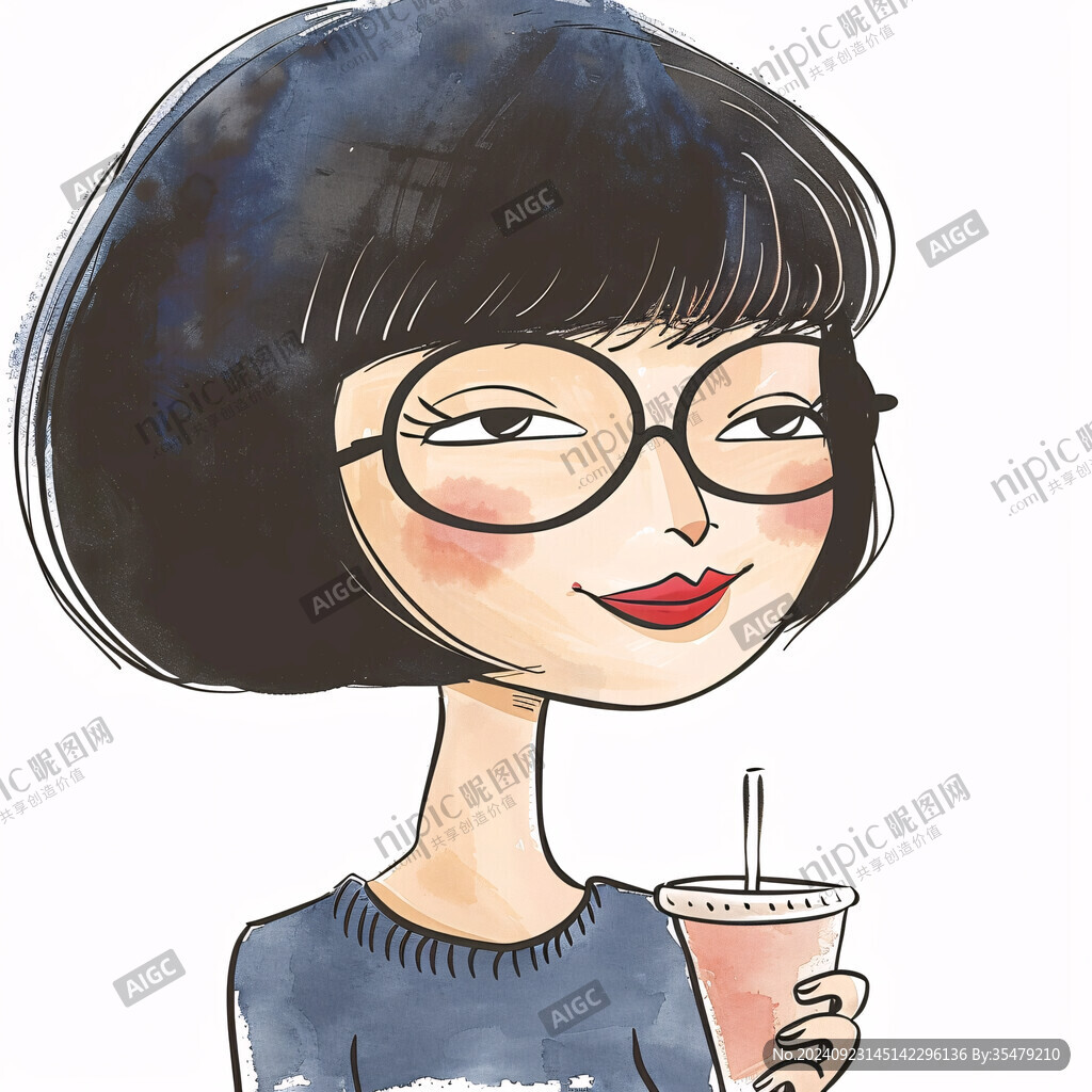 卡通喝奶茶的美女