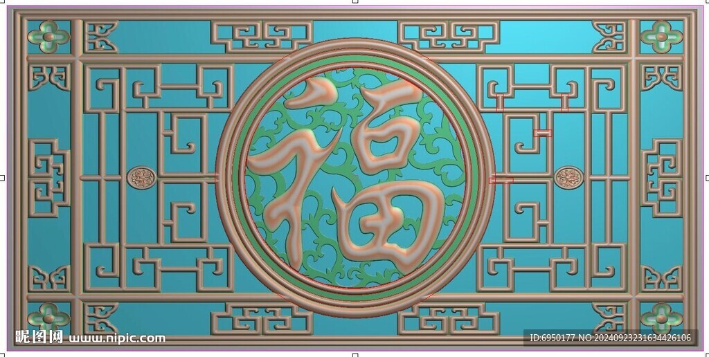 镂空花格圆形福字屏风精雕图灰度