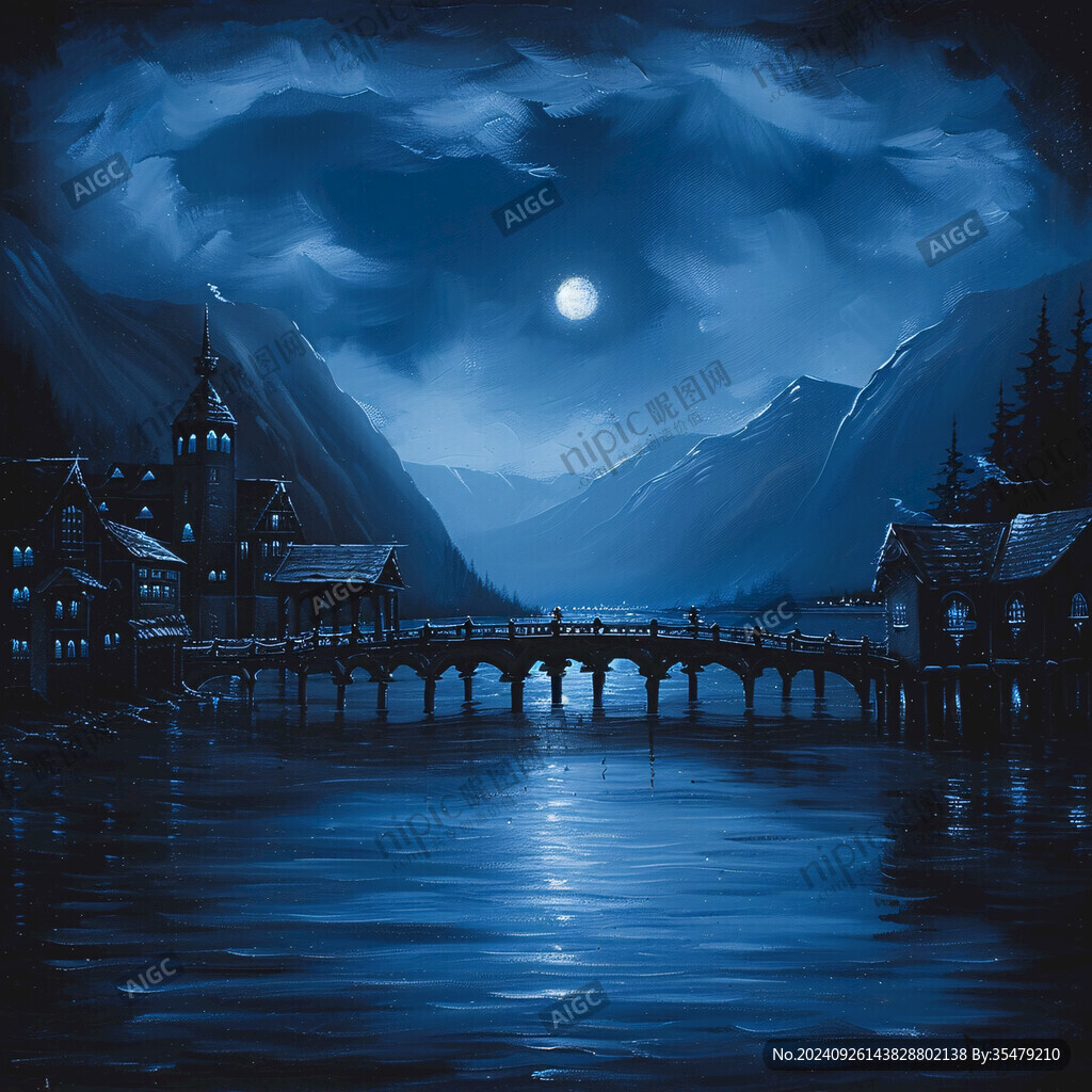 插画夜景湖泊