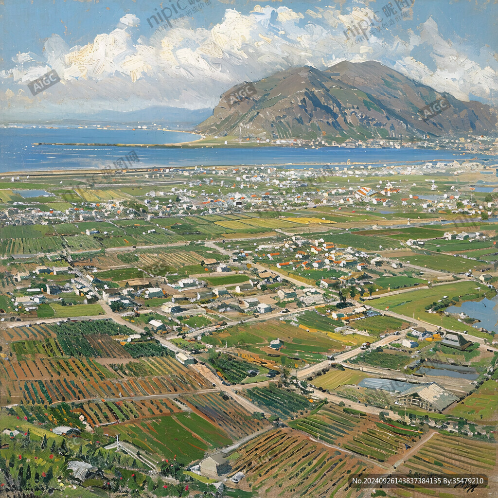 海边小村油画素材
