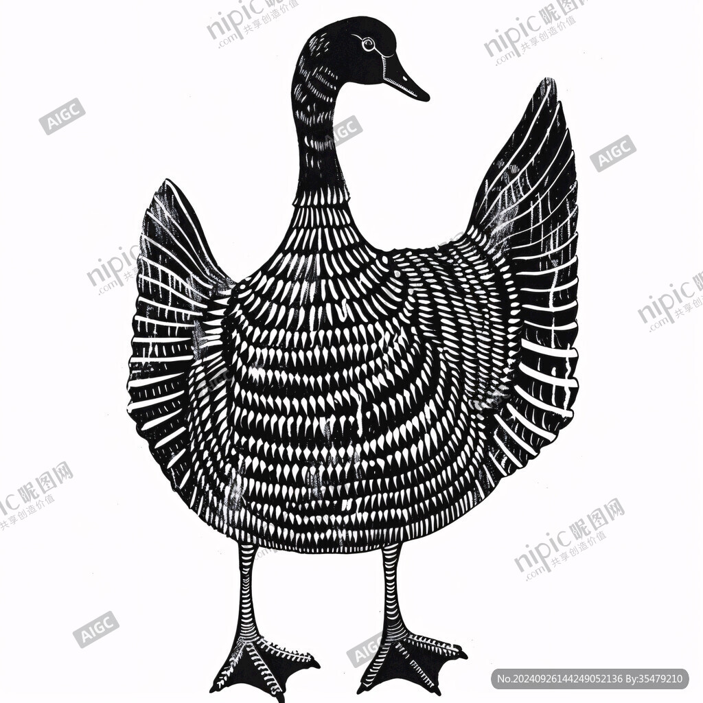 黑白版画插画鸭子