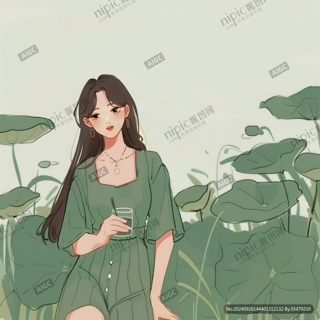 墨绿色女孩插画