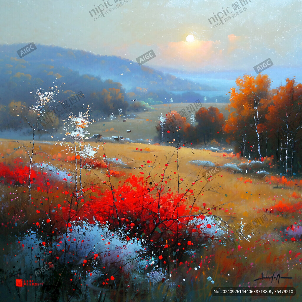 唯美秋天风景油画