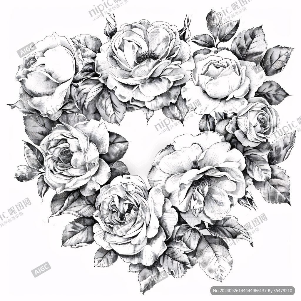 玫瑰花黑白线描画