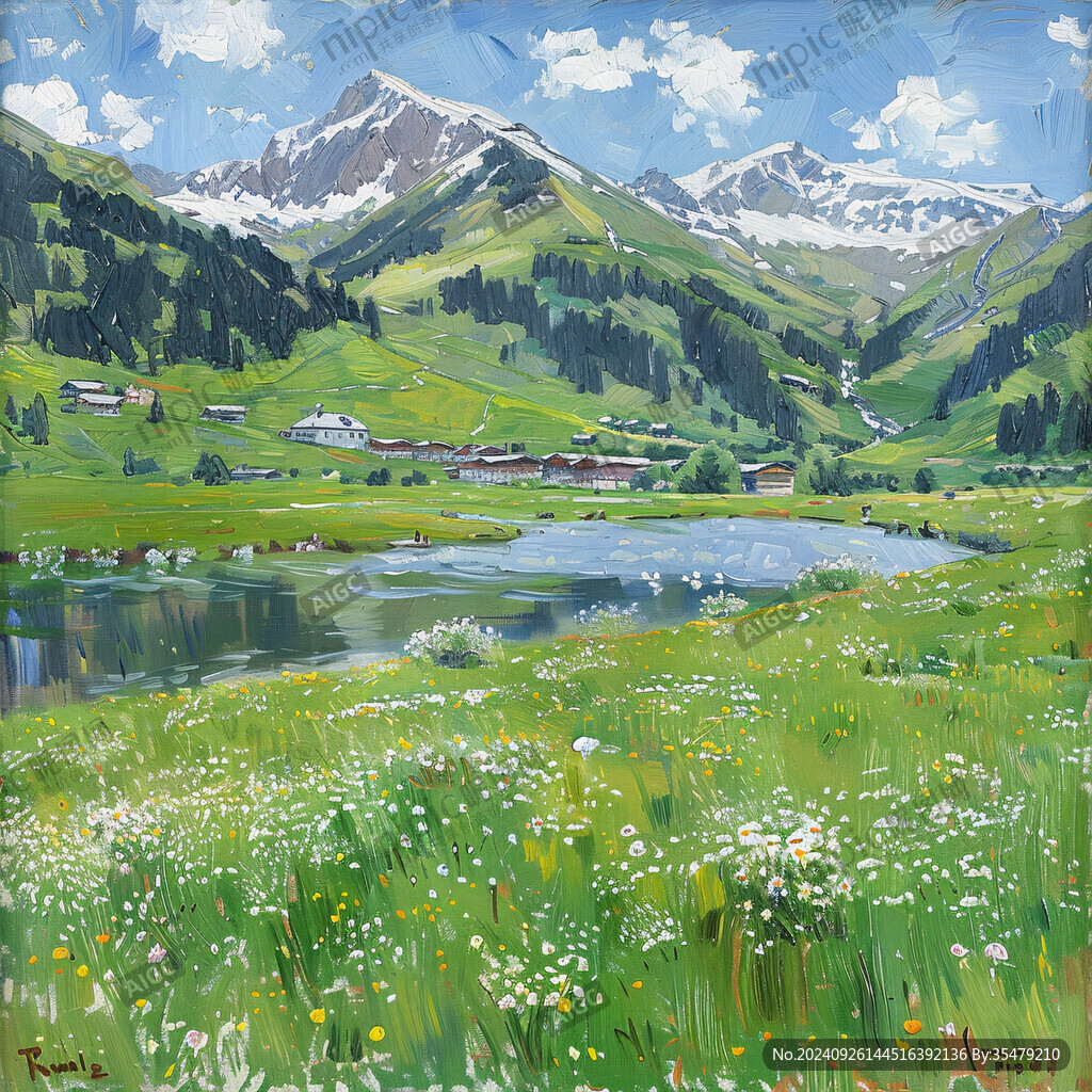 手绘草原草雪山