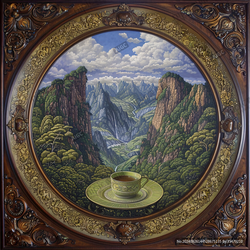 山水画茶树茶杯茶园