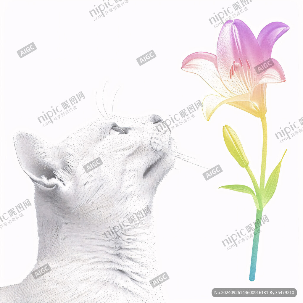 手绘花与猫卡通插画