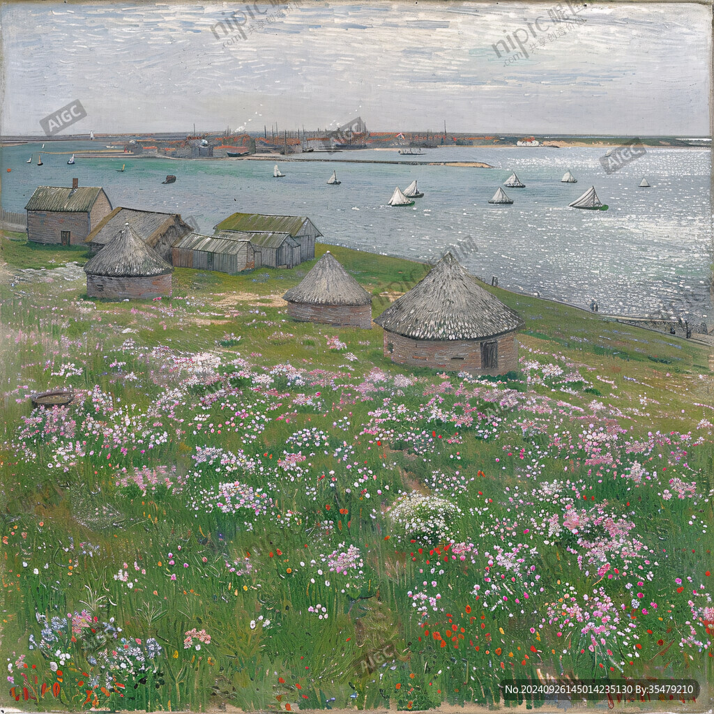 海边小村油画素材