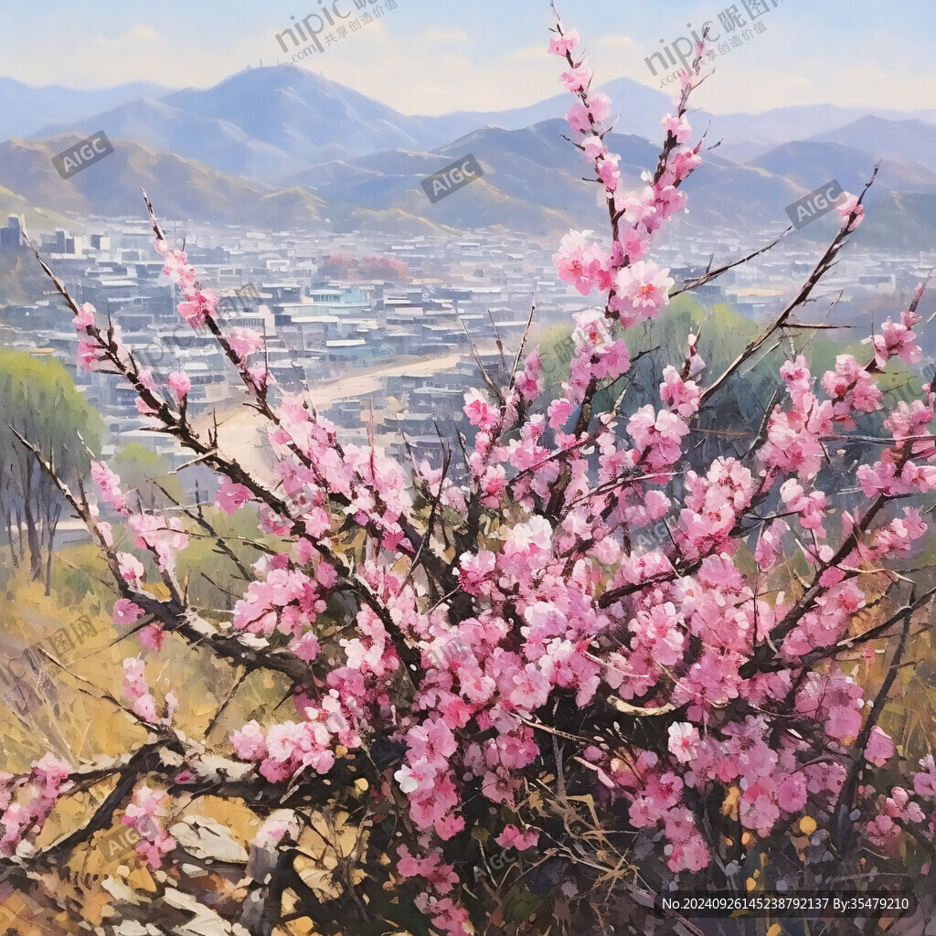 桃花风景油画