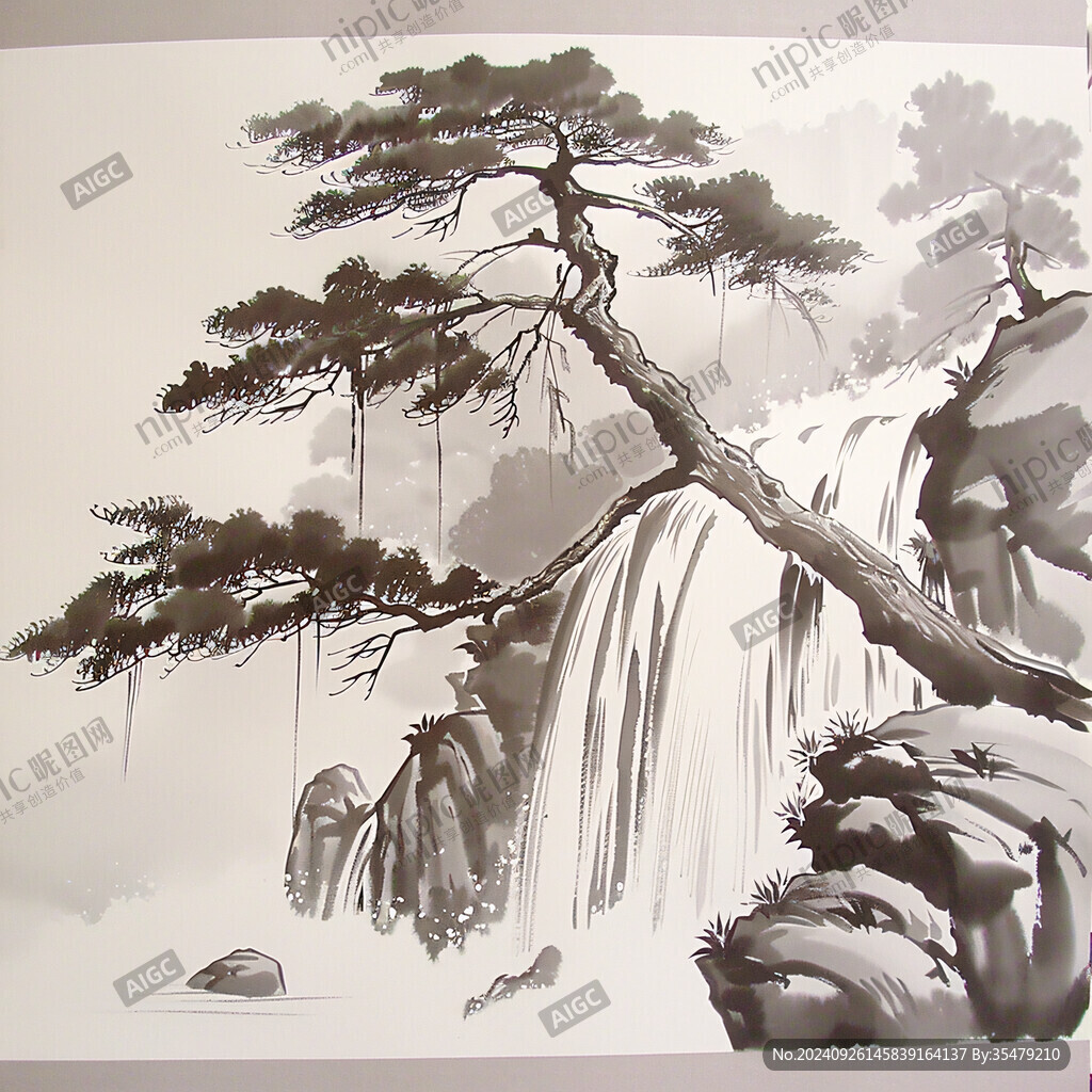 迎客松软膜天花水墨画