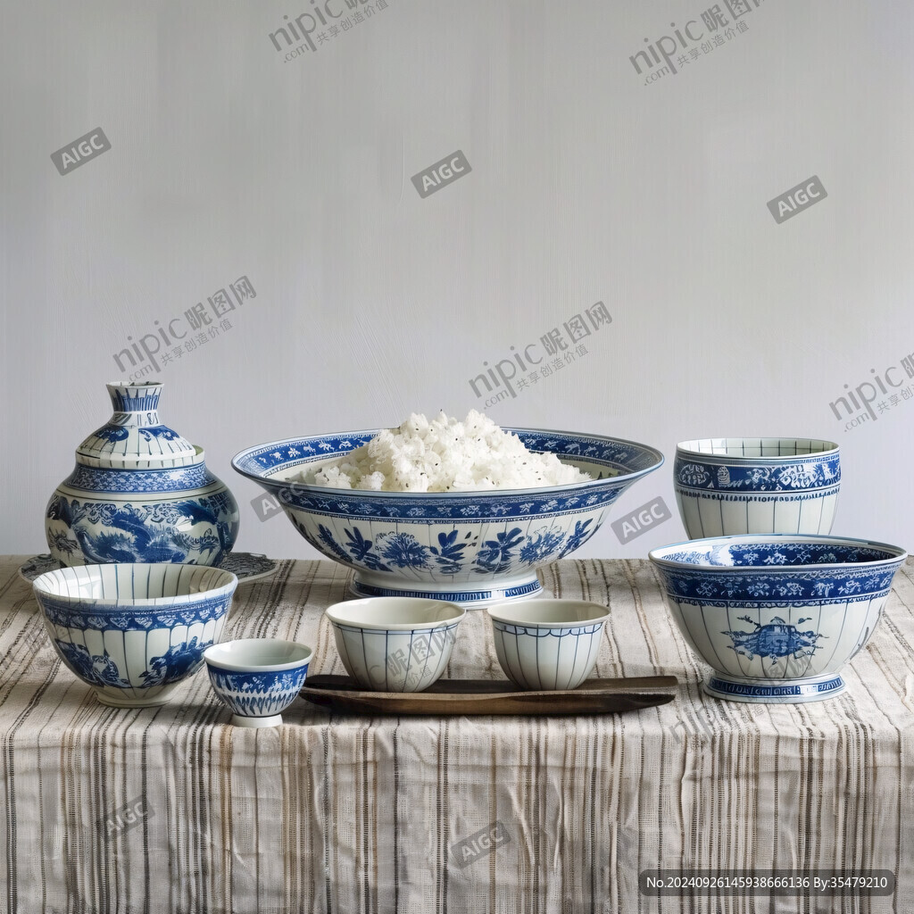 青花瓷碗盛白米饭
