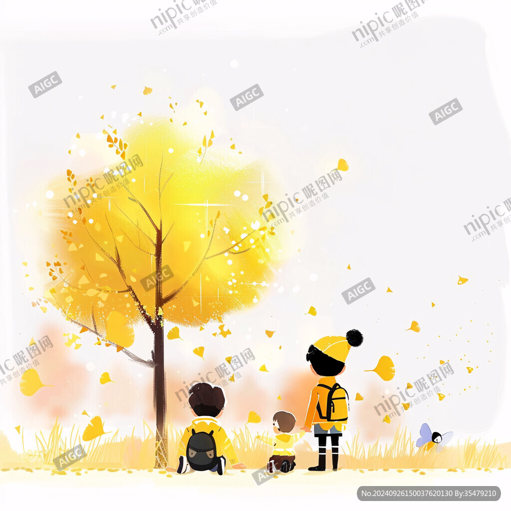 秋天 一家人在树下看落叶