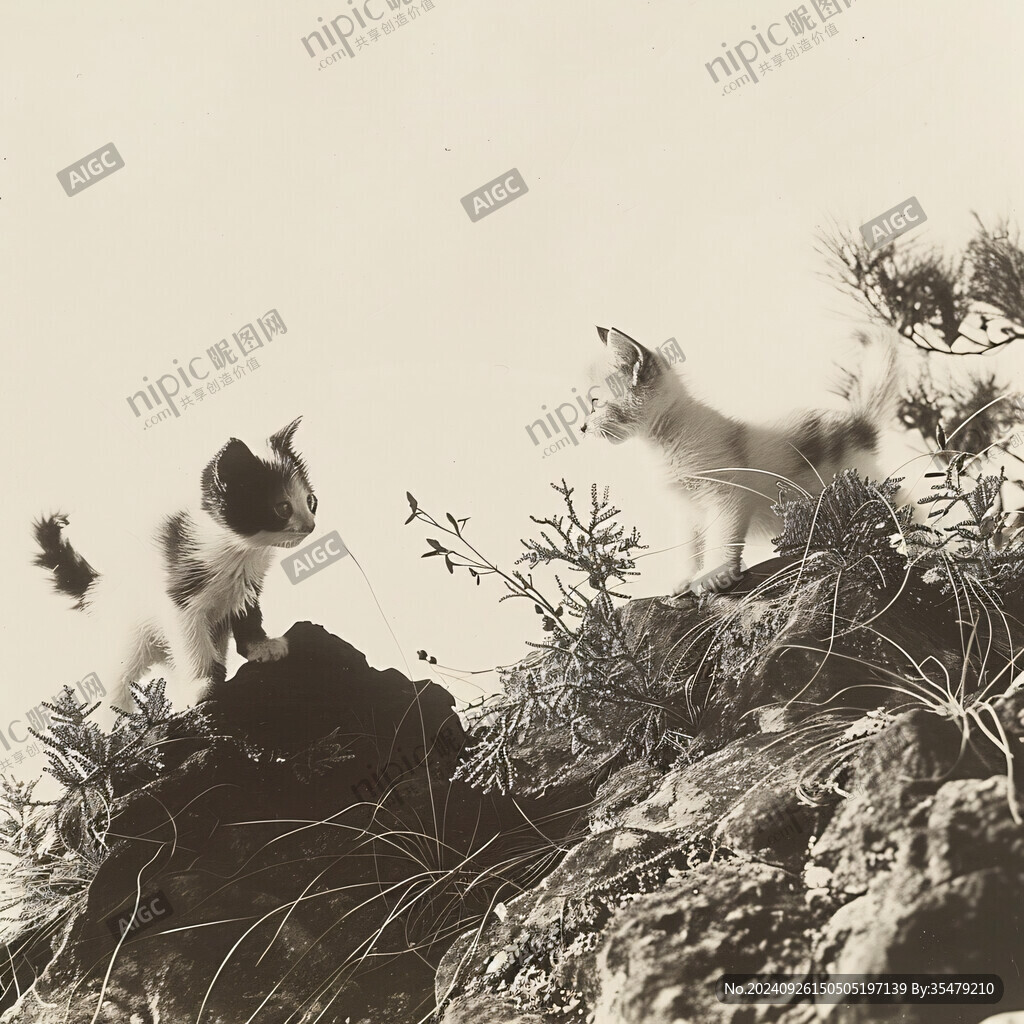 两只小猫在山坡上玩耍