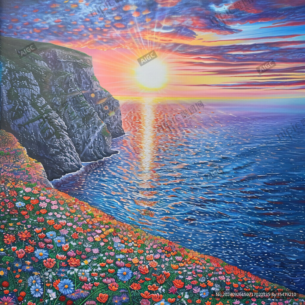 夕阳海边花海