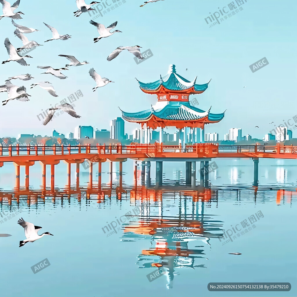 水上亭阁 白鸟飞翔