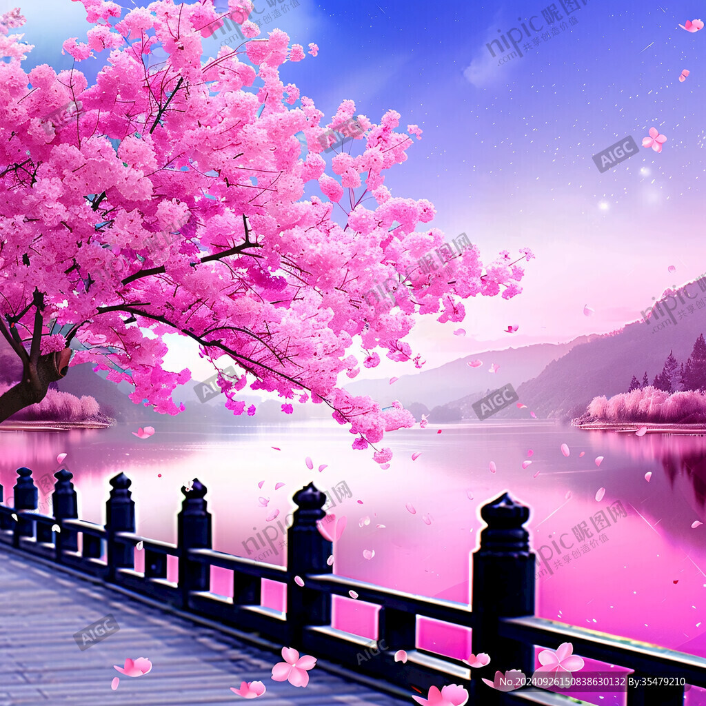 粉红樱花下的静谧湖景