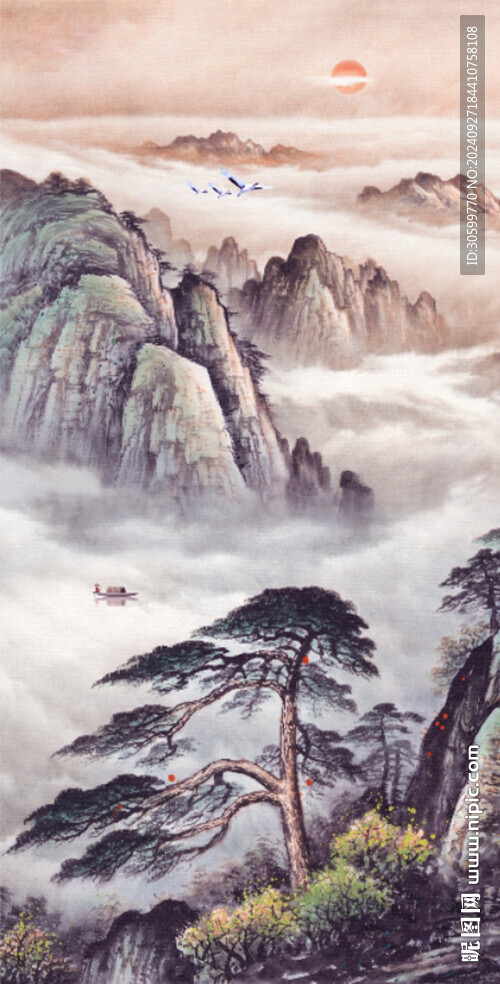 中式意境山水迎客松玄关装饰画