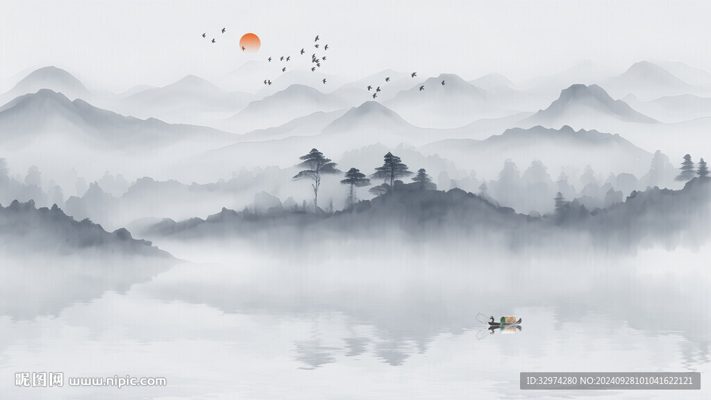新中式简约水墨意境山水背景墙