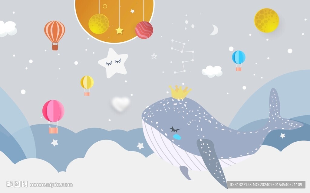 卡通手绘鲸鱼儿童房背景墙图片