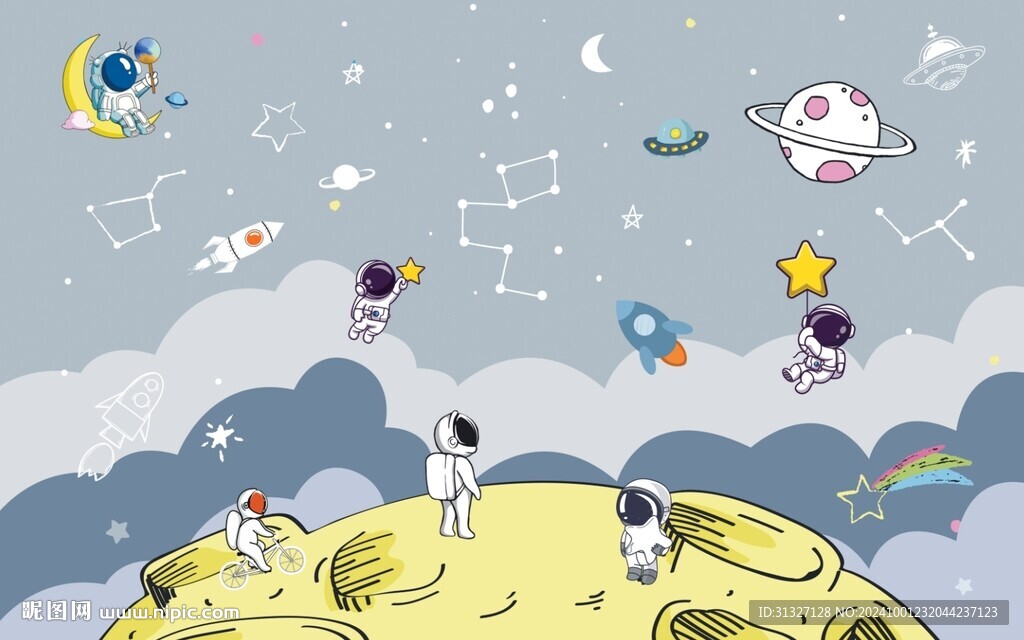卡通太空人儿童背景墙图