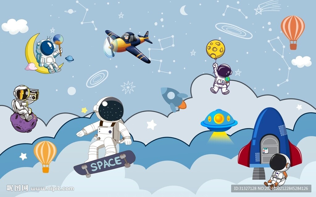 卡通太空人宇宙星空儿童房背景墙