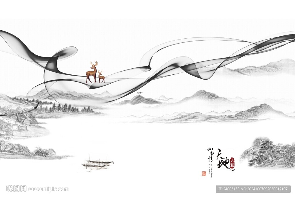抽象线条山水画旭日东升背景墙