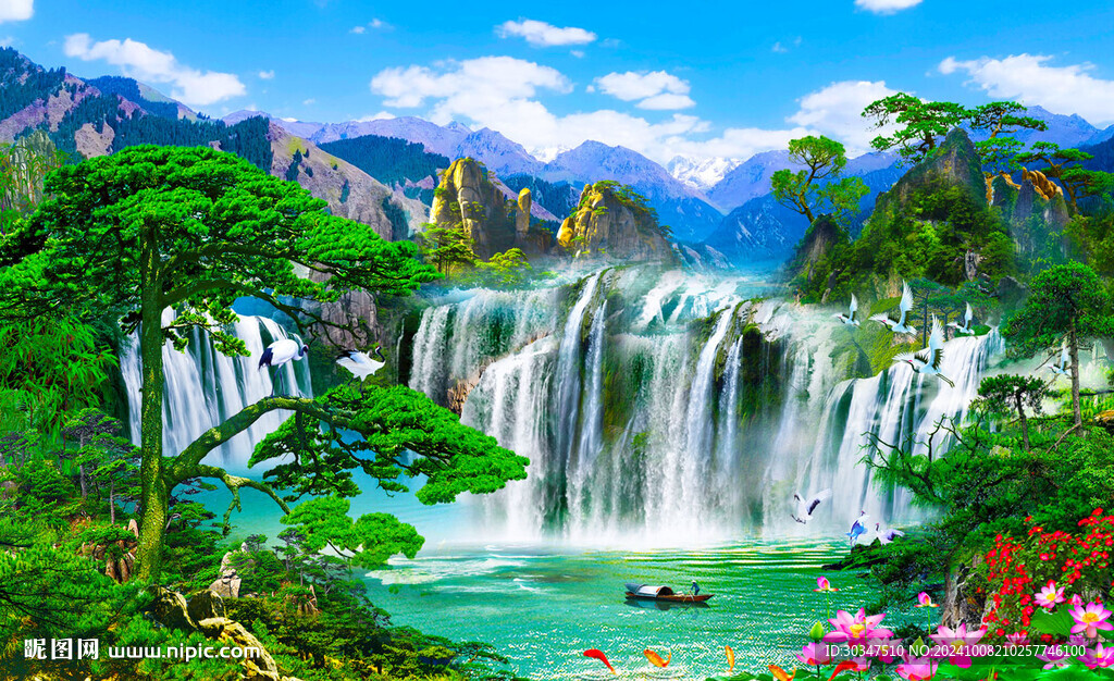 迎客松山水风景画