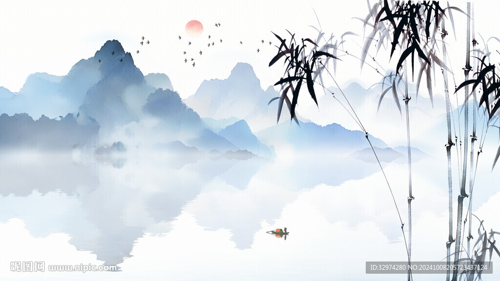 青花山水电视背景