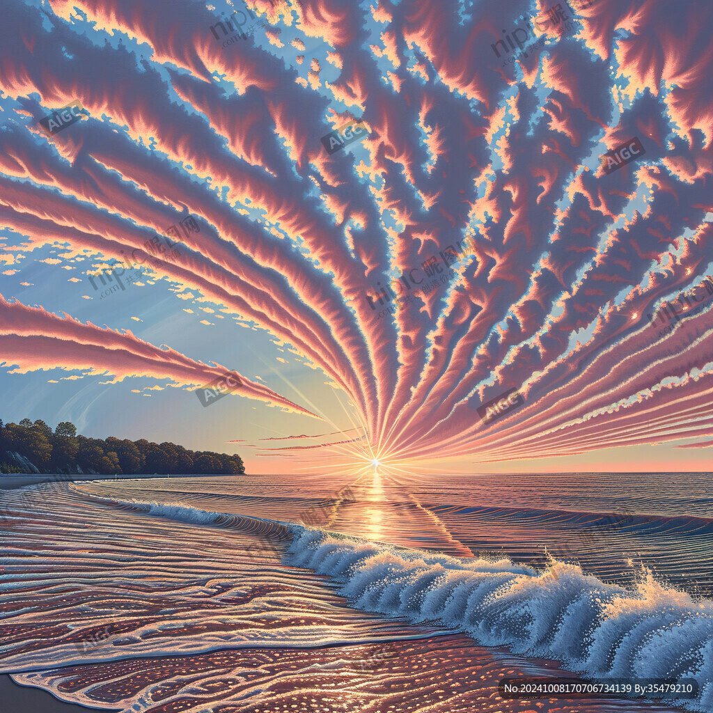 手绘海浪旭日东升