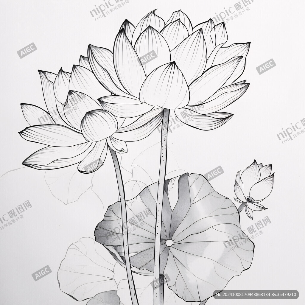 手绘黑白线描荷花