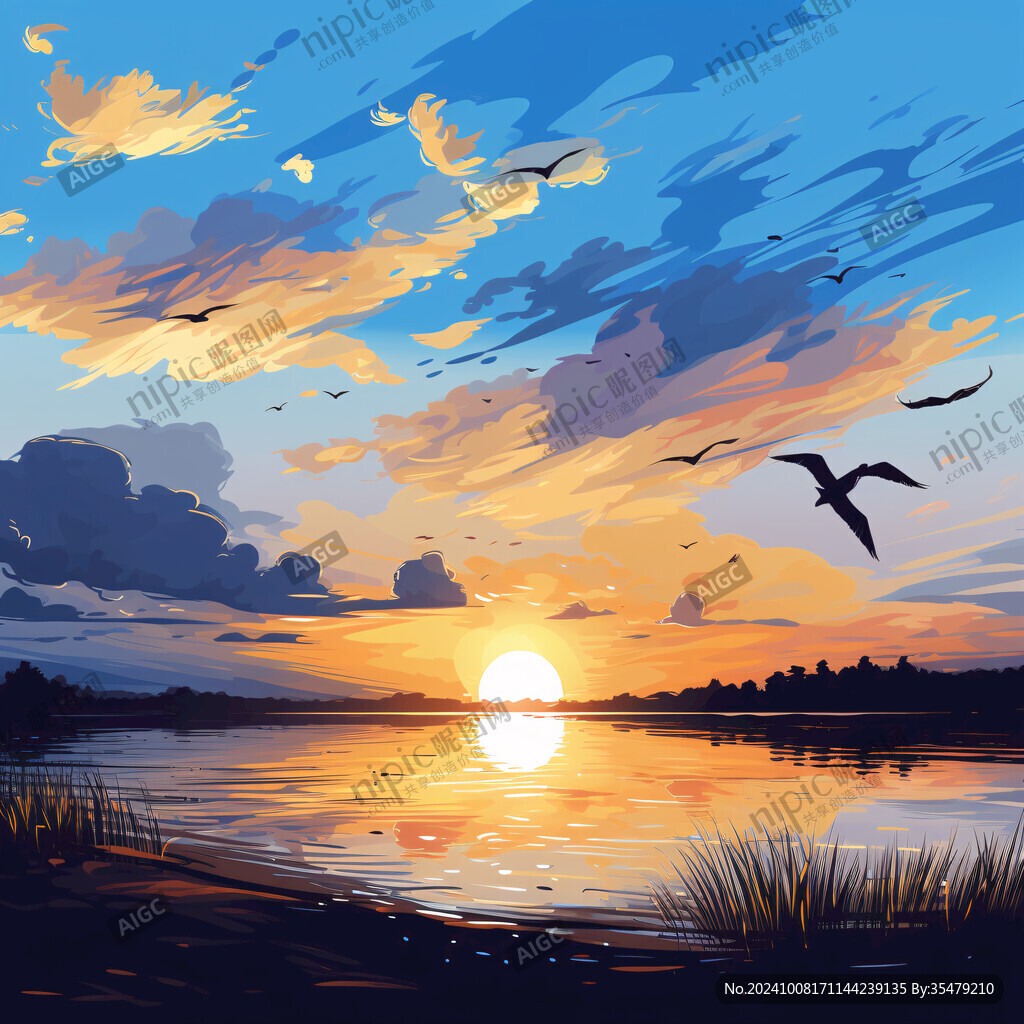 插画飞鸟落日