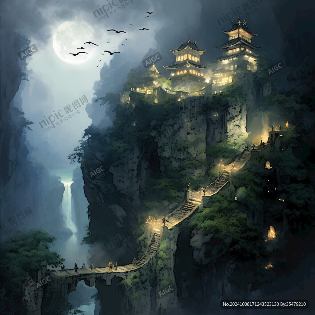 玄幻古镇夜景