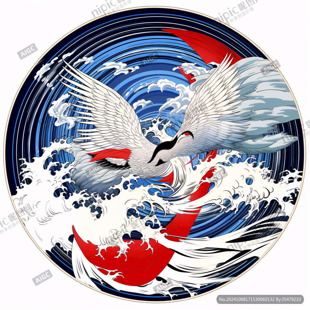 国潮海浪仙鹤