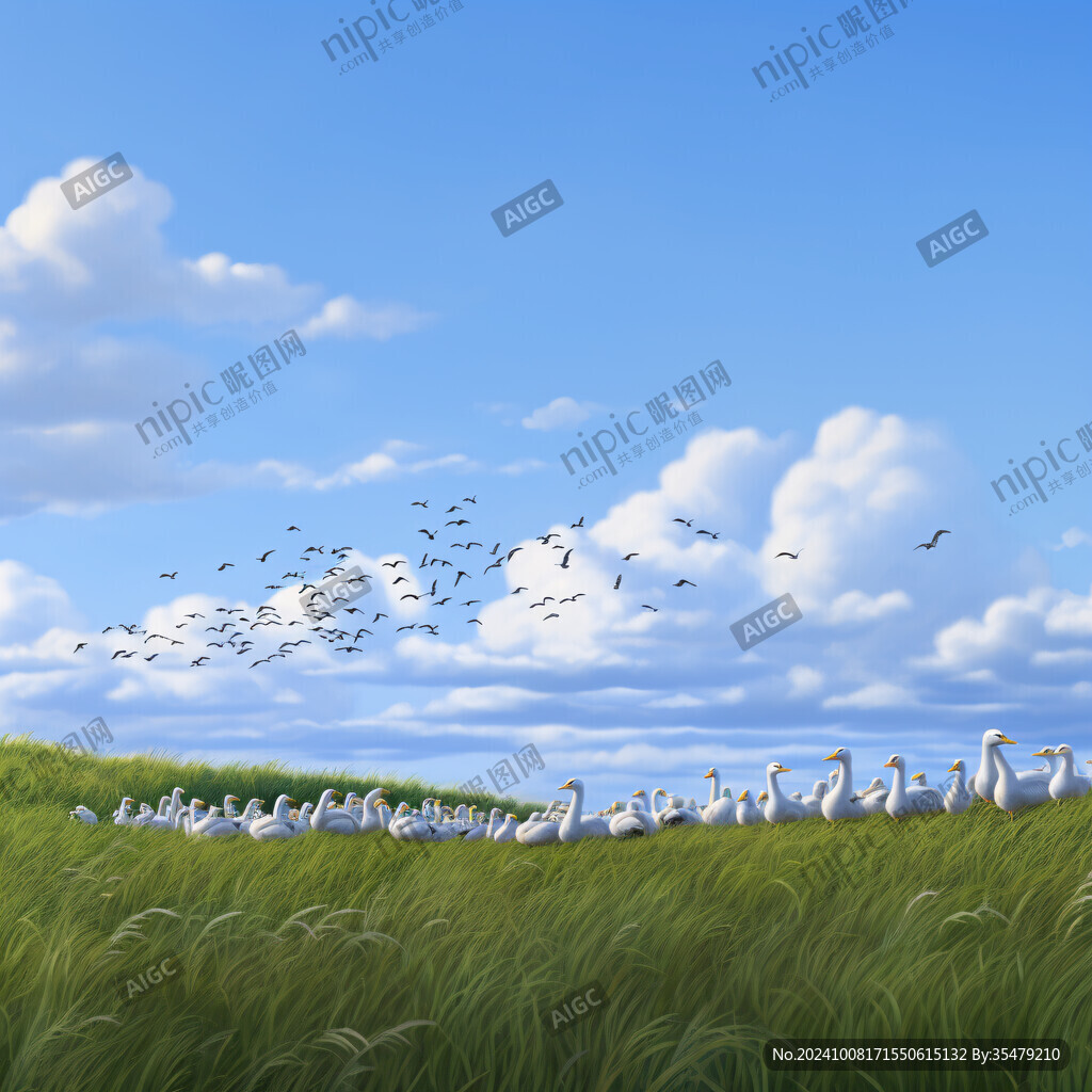 河流河畔草地大雁群