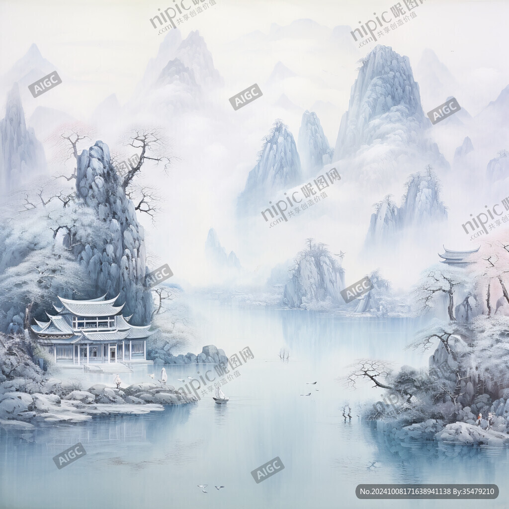 横店彩绘山水水墨画